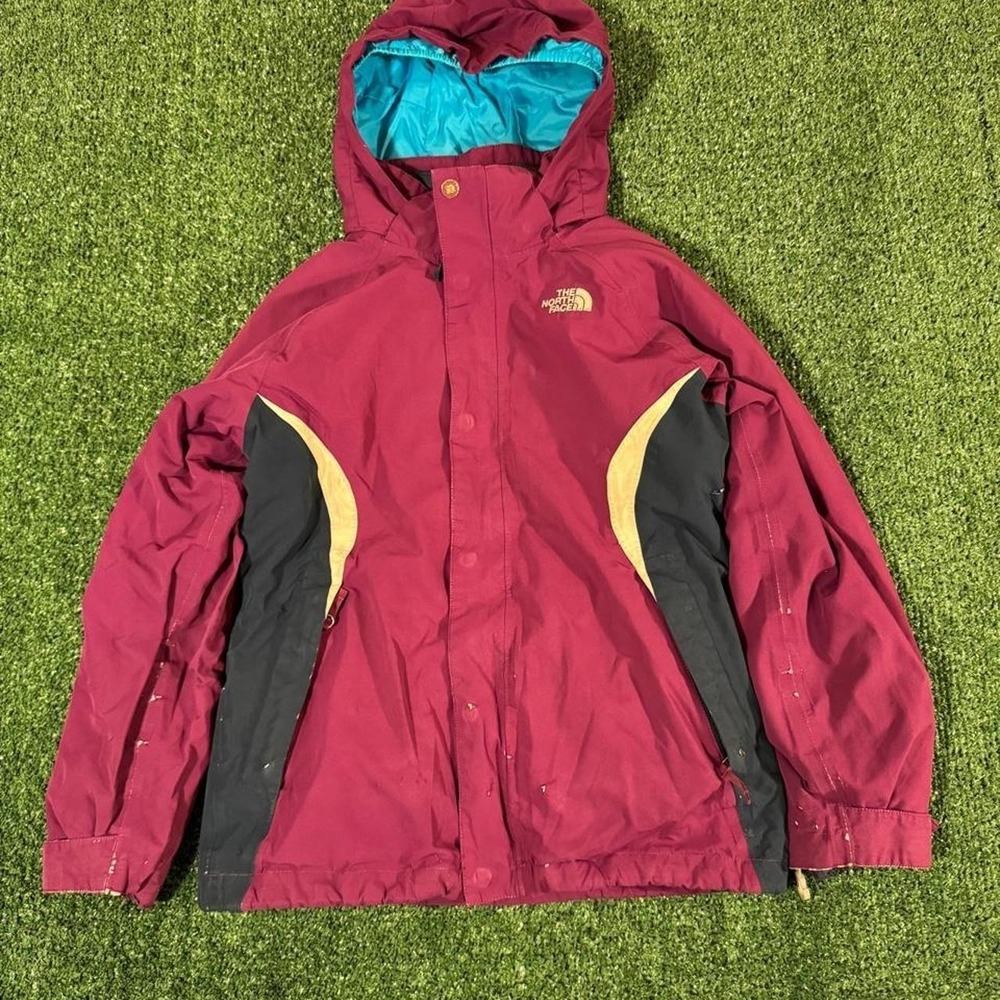 The North Face Girls HyVent Hooded Jacket Burgundy Colorblock Size M 10/12 0316